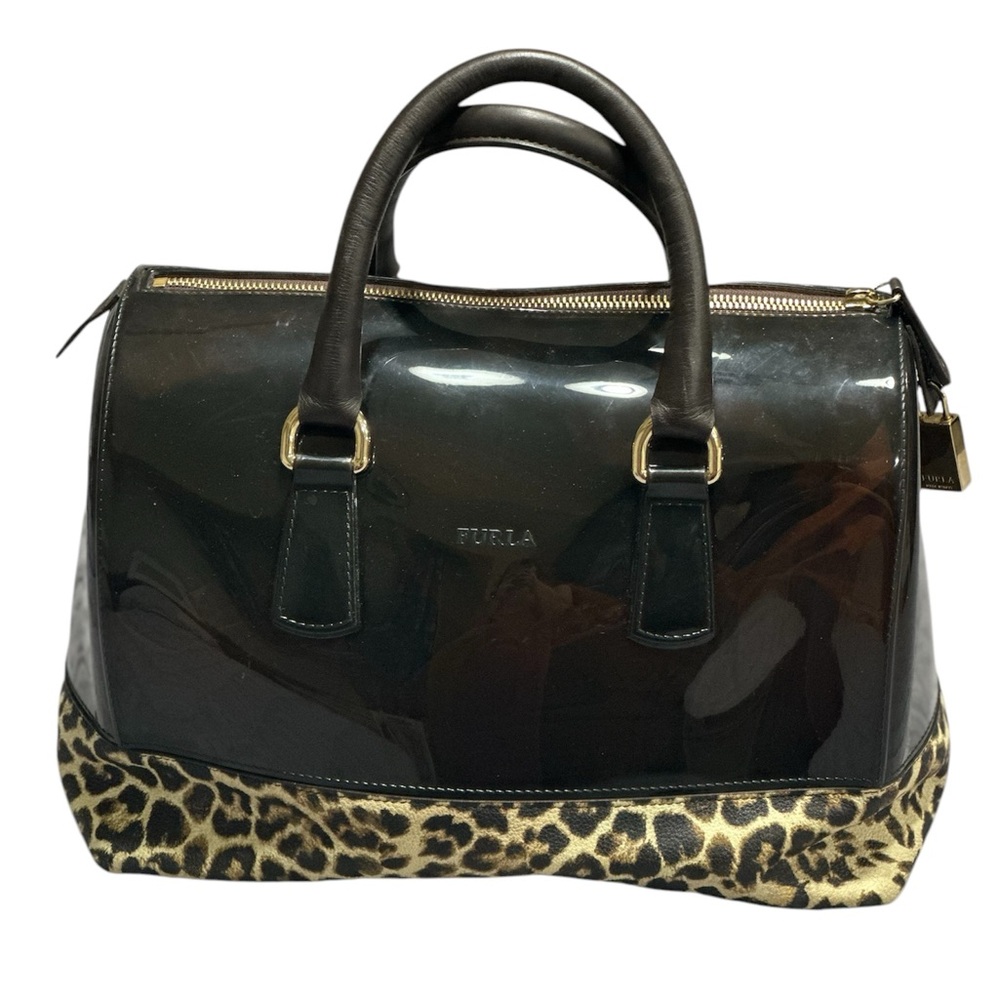 Furla Dark Brown/Beige Rubber and Leopard Print Leather Medium Candy Satchel